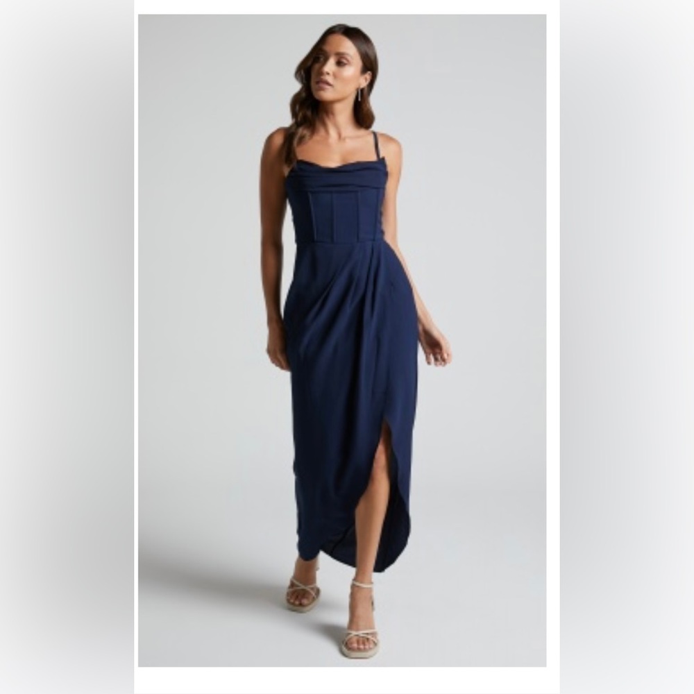 Showpo ANDRINA MIDI DRESS -
HIGH LOW WRAP CORSET in navy, size US 8